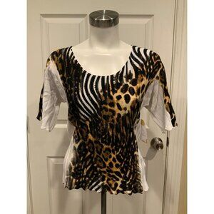 Alberto Makali White Lightweight Sweater Black & Brown Animal Print Jewel Size M